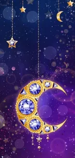 Celestial crescent moon with jewels on purple starry background.