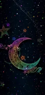 Colorful crescent moon with stars on a dark sky wallpaper.