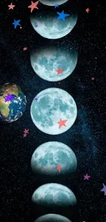 Celestial wallpaper with moon phases and stars in space against a dark sky.