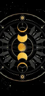 Golden moon phases on starry black background wallpaper.