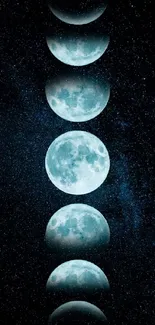 Mobile wallpaper of celestial moon phases on a dark blue starry background.