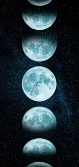 Moon phases wallpaper in starry night sky.