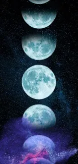 Mobile wallpaper showcasing moon phases in a cosmic blue and purple backdrop.