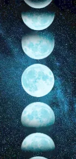 Vertical sequence of moon phases against a starry, deep blue background.