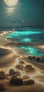 Moonlit beach with glowing path and sparkling waves.