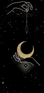 Golden crescent moon with stars and hands on a black sky background.