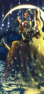 Fantasy art of a woman on a crescent moon under starlit sky.