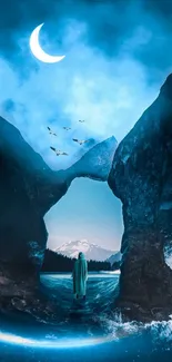 Mystical night landscape with crescent moon, mountains, and water.