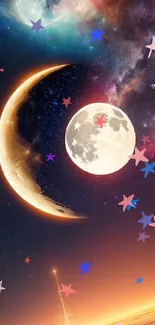 Celestial night sky with crescent moon and starry backdrop.