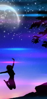 Silhouette jumping under a starry night sky with a bright moon.