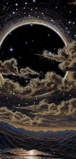 Artistic depiction of a night sky with swirling clouds and stars.