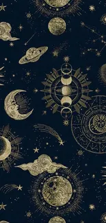 Celestial-themed wallpaper with gold astronomical designs on a dark blue background.