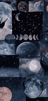 Celestial collage with moon phases and stars on dark blue night sky.