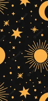 Celestial pattern with stars, moons, and suns on a black background.