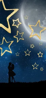 Silhouette of couple under starry night sky with glowing stars.