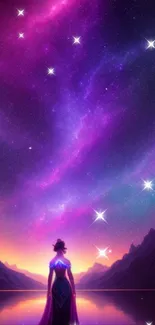 Silhouetted figure under vibrant purple starry sky.