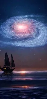 Sailboat under a starry sky with a spiral galaxy, creating a dreamlike scene.