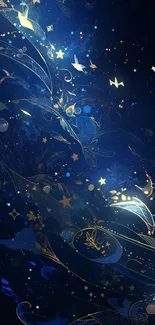 Celestial night sky wallpaper with golden patterns.