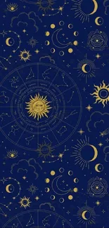 Navy blue celestial wallpaper with zodiac symbols and golden stars.