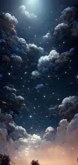 Celestial night sky with luminous stars and mystical clouds on a mobile wallpaper.