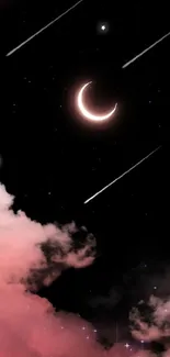 Night sky with moon, stars, and pink clouds.