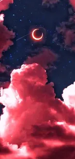 Pink clouds with crescent moon in night sky wallpaper.