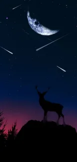 Silhouette of a deer under a crescent moon with shooting stars in a dark blue night sky.