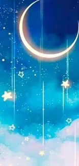 Crescent moon and stars in a blue night sky wallpaper