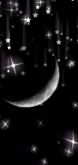 Crescent moon and stars in a dark celestial night sky wallpaper.