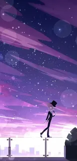 Artistic night sky with stars and a figure walking in purple hues.