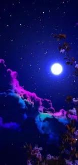 Night sky wallpaper with moon, stars, and colorful clouds.