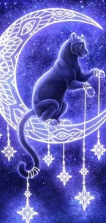 Panther on crescent moon with stars in a cosmic night sky wallpaper.