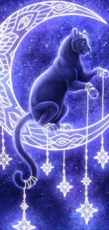 Celestial panther perched on a glowing crescent moon with hanging stars and a purple galaxy.