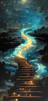 Celestial night pathway glowing with mystical blues and golds.