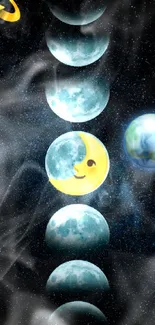 Wallpaper with moon phases, crescent emoji, and Earth against a starry sky.