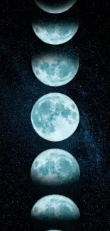 Mobile wallpaper with lunar phases against a starry dark blue background.