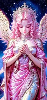 Ethereal pink angel with wings and crown against a starry cityscape.