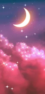 Mobile wallpaper with crescent moon and pink clouds at night.