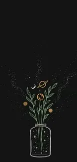 Celestial plant in a jar with cosmic elements on a dark background.