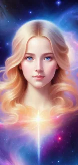 Ethereal portrait of a girl against a vivid galaxy backdrop.