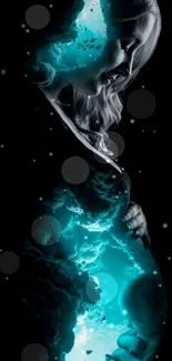 Ethereal silhouette of a pregnant woman merged with cosmic blue elements.