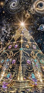 Intricate celestial pyramid with cosmic background and jewels.