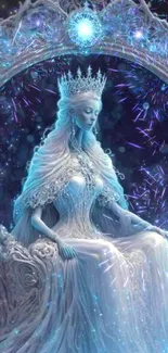 Fantasy artwork of a celestial queen on a throne in blue hues.