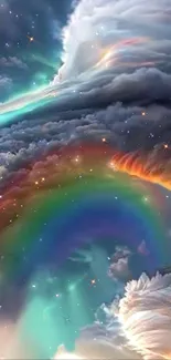 Mesmerizing wallpaper of rainbow and clouds in a celestial sky.