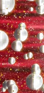 Silver spheres in starry red space wallpaper.
