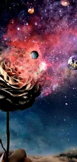 Surreal galaxy wallpaper featuring a rose and planets.