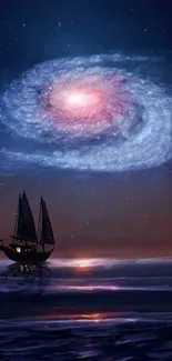 Mystical ship under a luminous spiral galaxy night sky on mobile wallpaper.