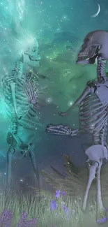 Two skeletons under a mystical, starlit teal sky with cosmic elements.