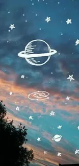 Illustrated starry night sky with planets on a blue backdrop.