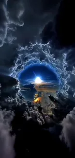 Celestial portal with dramatic clouds and vibrant sky.